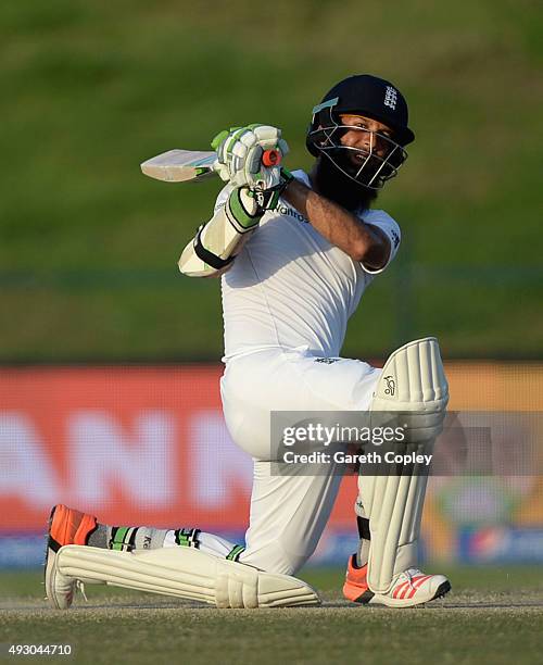 Moeen Ali of England bats during day five of the 1st Test between Pakistan and England at Zayed Cricket Stadium on October 17, 2015 in Abu Dhabi,...