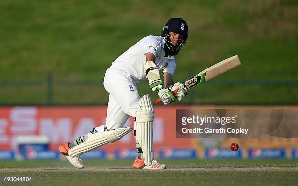 Moeen Ali of England bats during day five of the 1st Test between Pakistan and England at Zayed Cricket Stadium on October 17, 2015 in Abu Dhabi,...