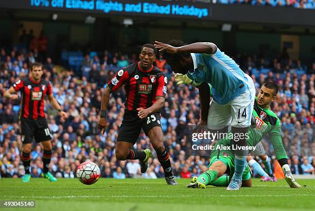 Wilfred Bony of Manchester City scores his team's second goal during the Barclays Premier League match between Manchester City and A.F.C. Bournemouth...
