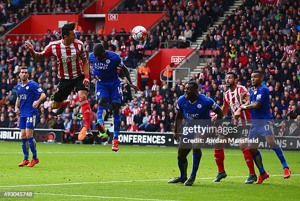 Jose Fonte of Southampton scores his team's first goal during the Barclays Premier League match between Southampton and Leicester City at St Mary's...