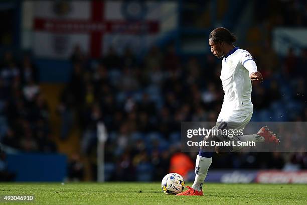 Jordan Botaka of Leeds United FC takes an ambitous shot on goal from near half pitch during the Sky Bet Championship match between Leeds United and...