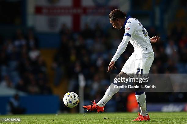 Jordan Botaka of Leeds United FC takes an ambitous shot on goal from near half pitch during the Sky Bet Championship match between Leeds United and...