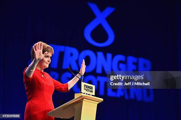 First Minister of Scotland Nicola Sturgeon acknowledges applause before her keynote speech at the 81st annual SNP conference at the Aberdeen...