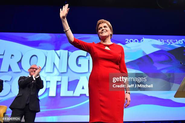 First Minister of Scotland Nicola Sturgeon acknowledges applause following her keynote speech at the 81st annual SNP conference at the Aberdeen...