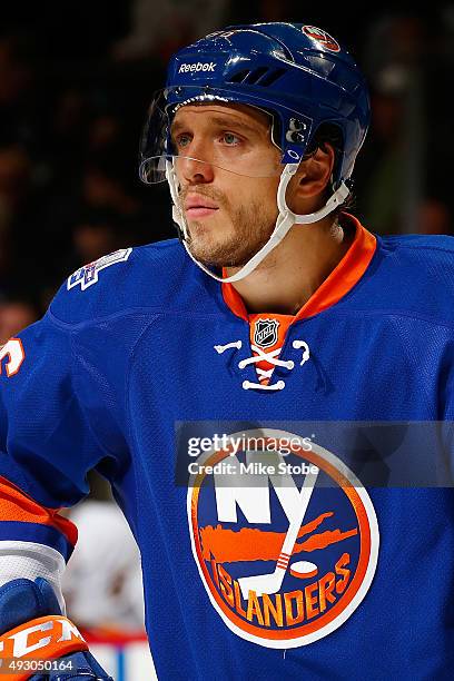 Nikolay Kulemin of the New York Islanders skates against the Nashville Predators at the Barclays Center on October 15, 2015 in Brooklyn borough of...