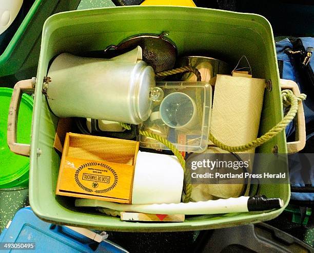 Coffee pot and other items from North Pond hermit Christopher Knight's camp is shown on Thursday April 11, 2013 at Pine Tree Camp in Rome. --