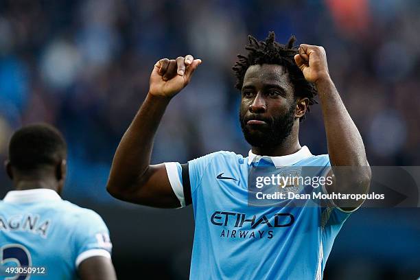 Wilfred Bony of Manchester City celebrates scoring his team's fifth goal during the Barclays Premier League match between Manchester City and A.F.C....