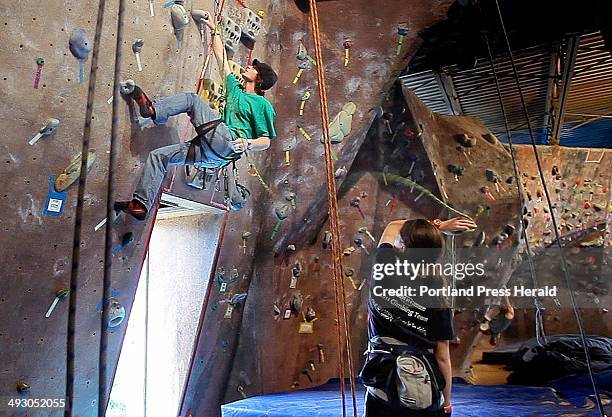 Cameron Greely climbs at the Maine Rock Gym in Portland on Thursday, May 9, 2012. Greely, of South Portland, will compete in regional climbing...
