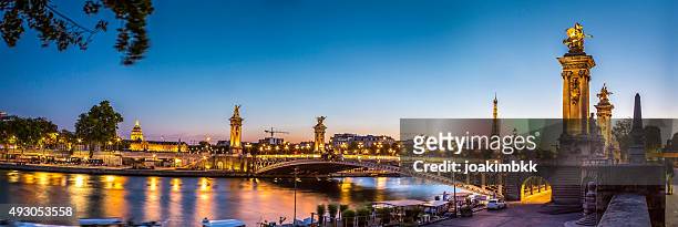 panorama of alexandre iii bridge in paris at sunset - panoramic view stock pictures, royalty-free photos & images