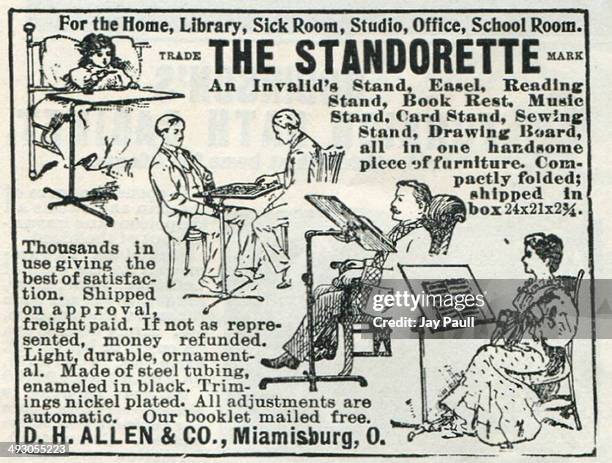 Advertisement for the Standorette stand for invalids, music, reading, book rests, sewing, drawing and other uses by DH Allen and company in...