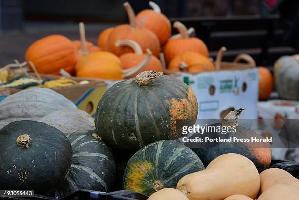 Wed, Oct. 30, 2013. Variety of squash displayed at the Portland Farmers Market. Bottom clockwise: Buttercup, baby hubbard, pumpkins, butternut.