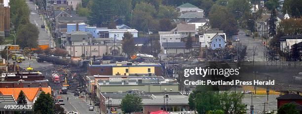 Crude oil tankers from the Montreal, Maine & Atlantic railways are seen in the heart of downtown Lac-Megantic, Quebec where the runaway train...