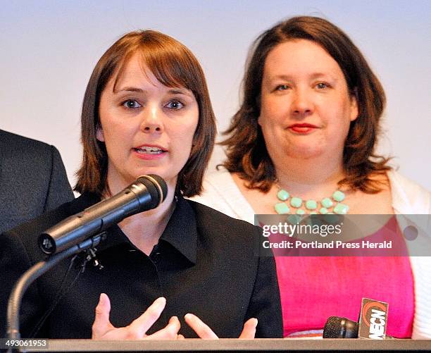 Shenna Bellows, executive director, ACLU of Maine, left, and Rep. Diane Russell spoke at a news conference about LD 1229 on Friday May 3, 2013 before...