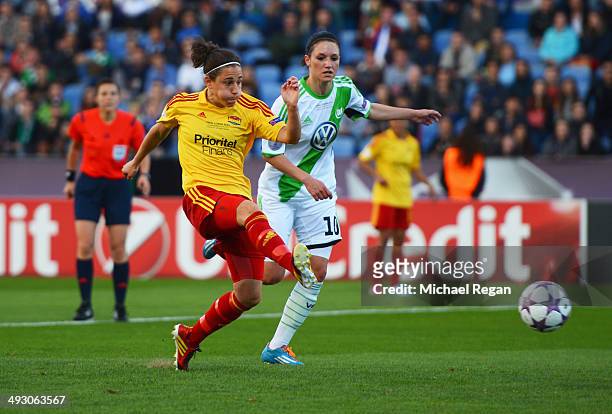 Veronica Boquete of Tyreso FF beats Selina Wagner of VfL Wolfsburg to score their second goal during the UEFA Women's Champions Final match between...