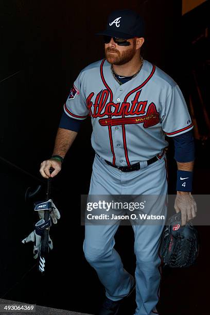 Ryan Doumit of the Atlanta Braves enters the dugout before the game against the San Francisco Giants at AT&T Park on May 14, 2014 in San Francisco,...