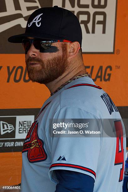 Ryan Doumit of the Atlanta Braves stands in the dugout before the game against the San Francisco Giants at AT&T Park on May 14, 2014 in San...