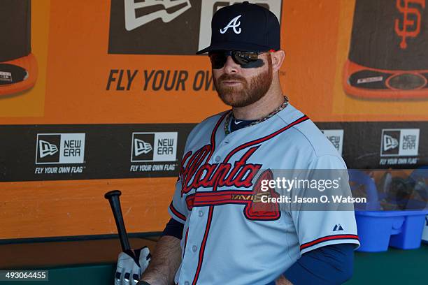 Ryan Doumit of the Atlanta Braves stands in the dugout before the game against the San Francisco Giants at AT&T Park on May 14, 2014 in San...