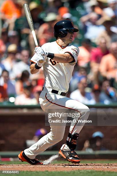 Tyler Colvin of the San Francisco Giants at bat against the Atlanta Braves during the third inning at AT&T Park on May 14, 2014 in San Francisco,...