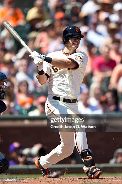 Tyler Colvin of the San Francisco Giants at bat against the Atlanta Braves during the fourth inning at AT&T Park on May 14, 2014 in San Francisco,...