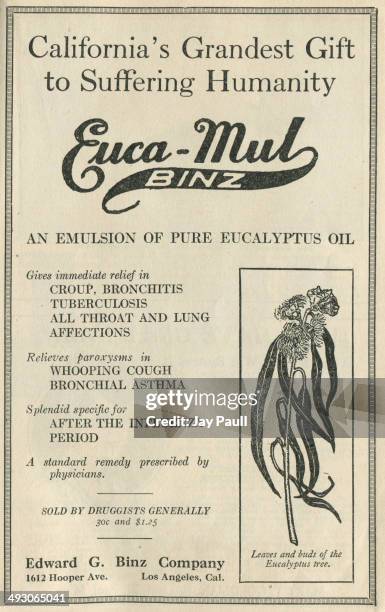 Advertisement for Euca Mul Binz made from pure eucalyptus oil to treat croup, tuberculosis, bronchitis, whooping cough and other ailments by the...