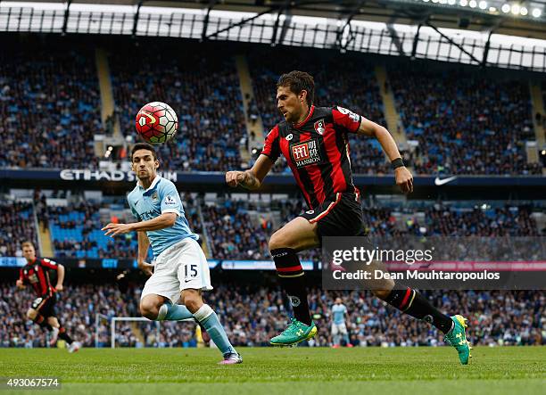 Charlie Daniels of Bournemouth in action during the Barclays Premier League match between Manchester City and A.F.C. Bournemouth at Etihad Stadium on...