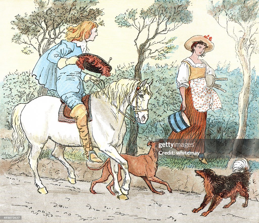 Young 18th century man befriending a milkmaid