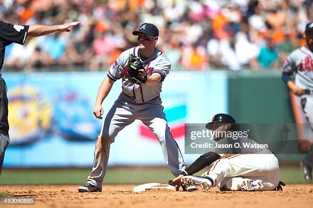 Gregor Blanco of the San Francisco Giants steals second base ahead of a tag from Tyler Pastornicky of the Atlanta Braves during the fifth inning at...