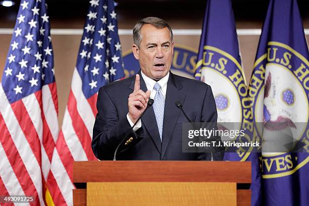 House Speaker Rep. John Boehner holds his weekly press conference at the U.S. Capitol on May 22, 2014 in Washington, DC. During his statements,...