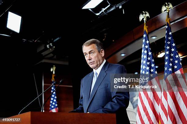 House Speaker Rep. John Boehner holds his weekly press conference at the U.S. Capitol on May 22, 2014 in Washington, DC. During his statements,...