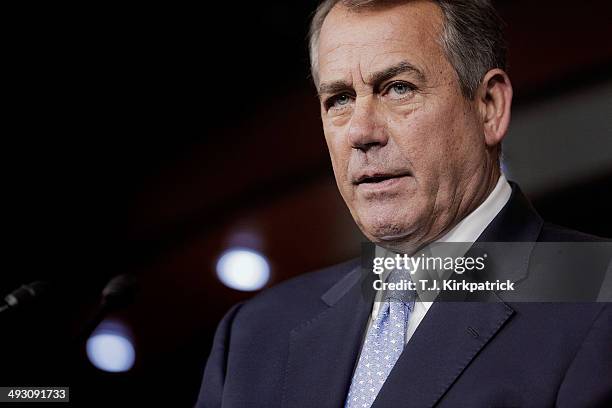 House Speaker Rep. John Boehner holds his weekly press conference at the U.S. Capitol on May 22, 2014 in Washington, DC. During his statements,...