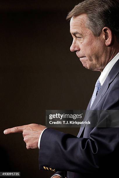 House Speaker Rep. John Boehner holds his weekly press conference at the U.S. Capitol on May 22, 2014 in Washington, DC. During his statements,...