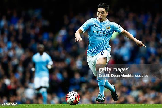 Samir Nasri of Manchester City in action during the Barclays Premier League match between Manchester City and A.F.C. Bournemouth at Etihad Stadium on...