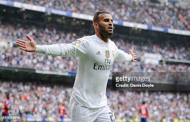 Jese Rodriguez of Real Madrid celebrates after scoring Real's 3rd goal during the La Liga match between Real Madrid CF and Levante UD at estadio...