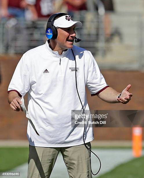 Head coach Dan Mullen Mississippi State Bulldogs reacts to a call during the second half of an NCAA college football game against the Louisiana Tech...