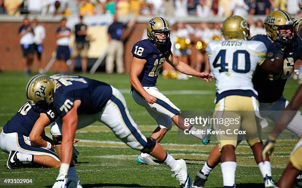 Chris Blewitt of the Pittsburgh Panthers kicks the go-ahead field goal in the final minutes of their 31-28 win over the Georgia Tech Yellow Jackets...