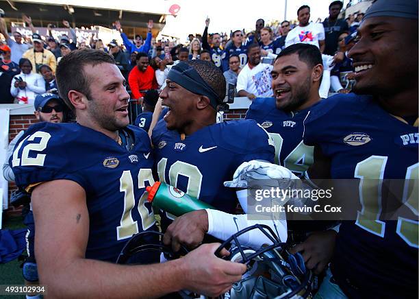 Chris Blewitt of the Pittsburgh Panthers celebrates after their 31-28 win over the Georgia Tech Yellow Jackets at Bobby Dodd Stadium on October 17,...