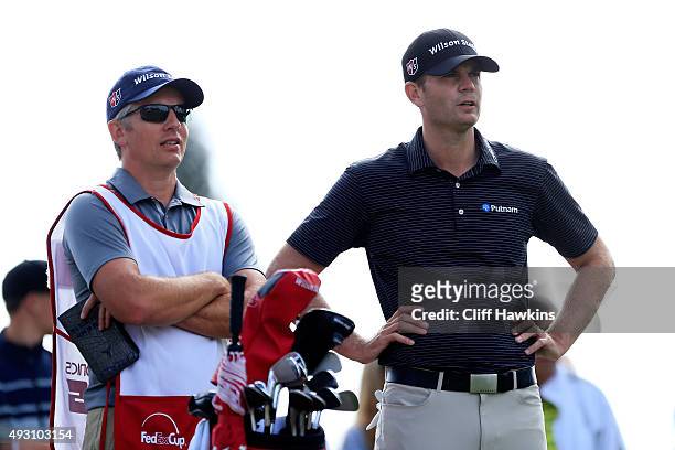 Brendan Steele talks to his caddie on the second tee during the third round of the Frys.com Open on October 17, 2015 at the North Course of the...