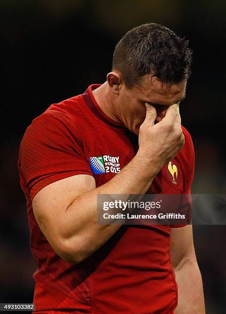 Dejected Louis Picamoles of France during the 2015 Rugby World Cup Quarter Final match between New Zealand and France at the Millennium Stadium on...