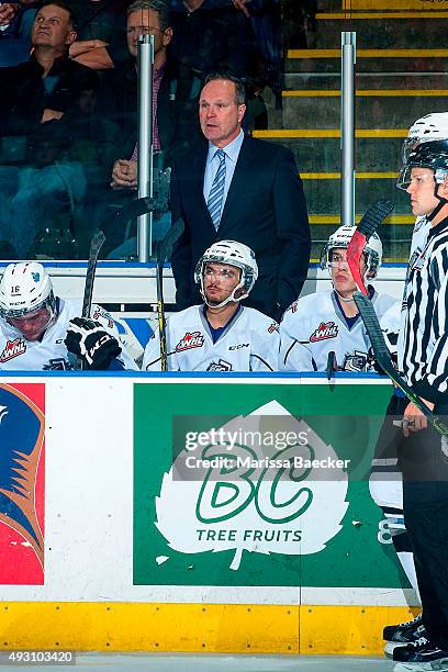 Dave Lowry, head coach of the Victoria Royals stands on the bench against the Kelowna Rockets on October 9, 2015 at Prospera Place in Kelowna,...