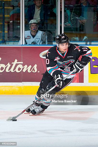 Nick Merkley of Kelowna Rockets skates with the puck against the Victoria Royals on October 9, 2015 at Prospera Place in Kelowna, British Columbia,...