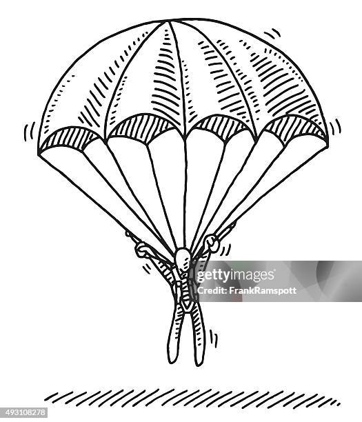 stockillustraties, clipart, cartoons en iconen met stick figure hanging on parachute landing drawing - parachute