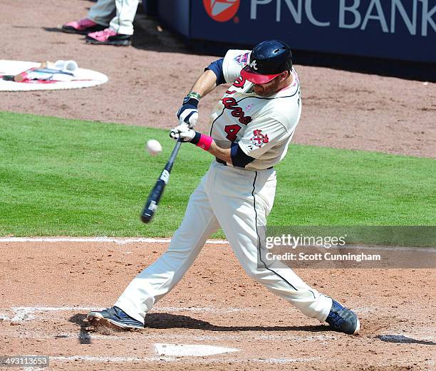 Ryan Doumit of the Atlanta Braves hits against the Chicago Cubs at Turner Field on May 11, 2014 in Atlanta, Georgia.