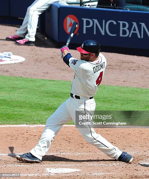 Ryan Doumit of the Atlanta Braves hits against the Chicago Cubs at Turner Field on May 11, 2014 in Atlanta, Georgia.