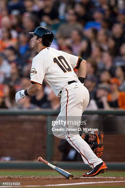 Tyler Colvin of the San Francisco Giants hits a home run against the Atlanta Braves during the second inning at AT&T Park on May 12, 2014 in San...