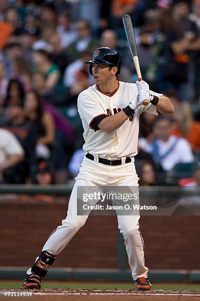 Tyler Colvin of the San Francisco Giants at bat against the Atlanta Braves during the second inning at AT&T Park on May 12, 2014 in San Francisco,...