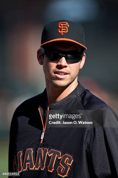 Tyler Colvin of the San Francisco Giants looks on during batting practice before the game against the Atlanta Braves at AT&T Park on May 12, 2014 in...