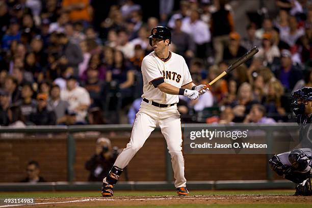 Tyler Colvin of the San Francisco Giants at bat against the Atlanta Braves during the fifth inning at AT&T Park on May 12, 2014 in San Francisco,...