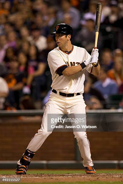 Tyler Colvin of the San Francisco Giants at bat against the Atlanta Braves during the seventh inning at AT&T Park on May 12, 2014 in San Francisco,...