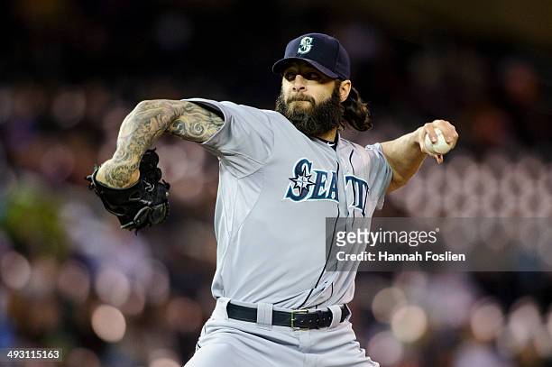 Joe Beimel of the Seattle Mariners delivers a pitch against the Minnesota Twins during the game on May 16, 2014 at Target Field in Minneapolis,...