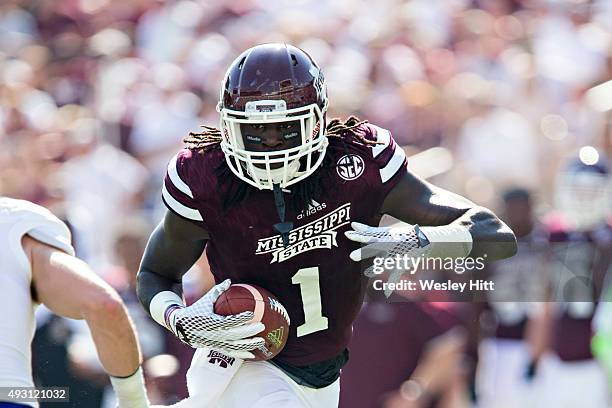 De'Runnya Wilson of the Mississippi State Bulldogs runs the ball against the Northwestern State Demons at Davis Wade Stadium on September 19, 2015 in...